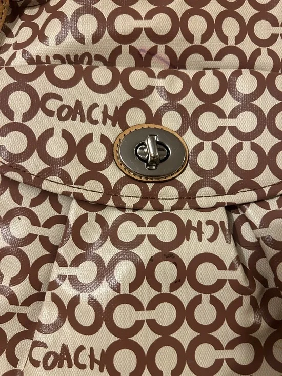 Coach Logo Shoulder Tote in Beige and Brown - Picture 3 of 7